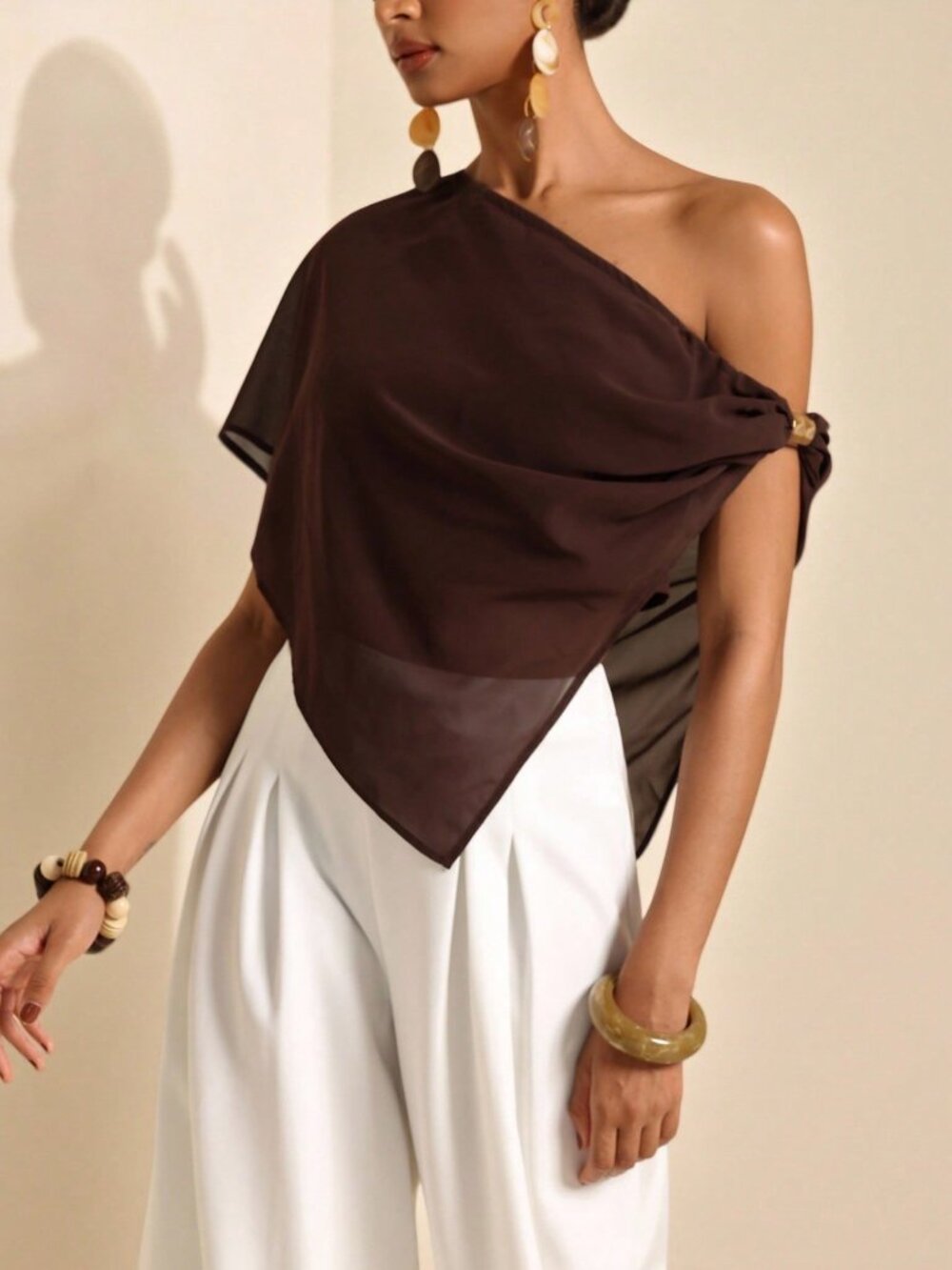 Coffee Brown Casual Women's Asymmetric Asymmetrical Shoulder Blouse